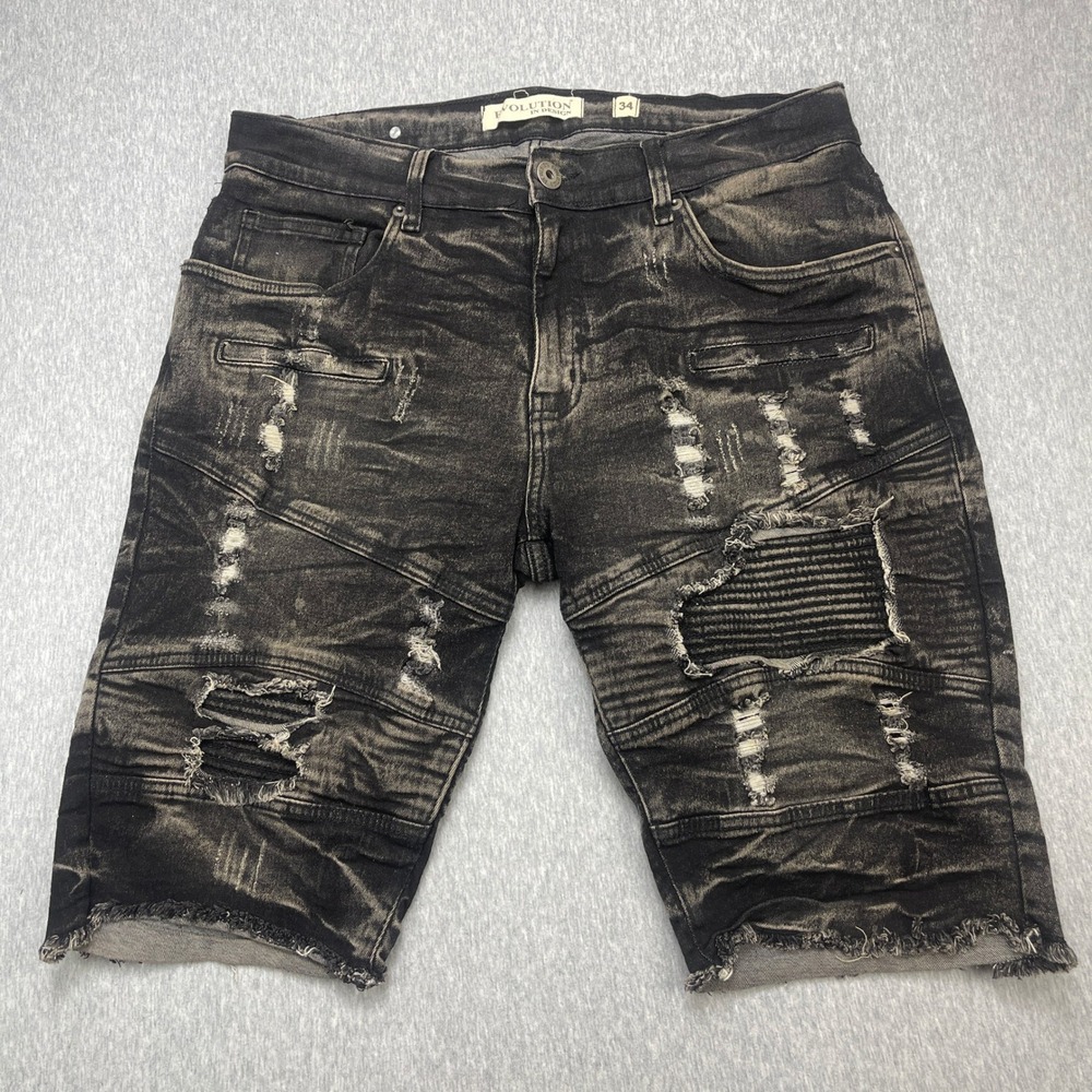 Evolution In Design Denim Shorts Mens 34 Biker Moto Black Distressed EUC